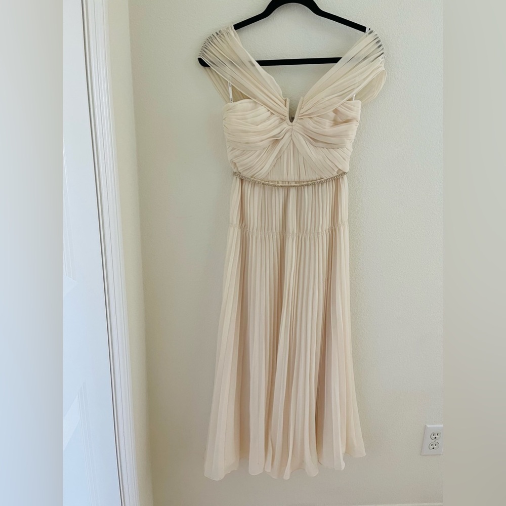Self Portrait Cream Pleated Chiffon Midi Dress
